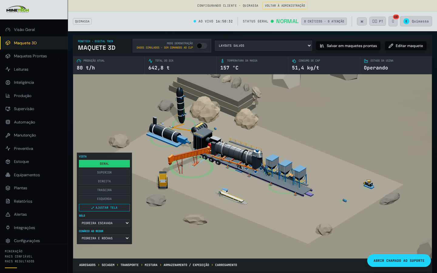 Tela da maquete 3D da usina de asfalto dentro do sistema MINETECH